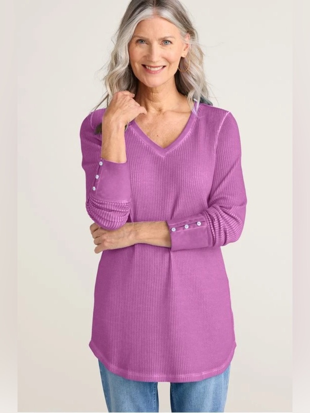 Soft Surroundings Arabella Waffle Knit Tunic Top Women’s Size L V-Neck Cotton